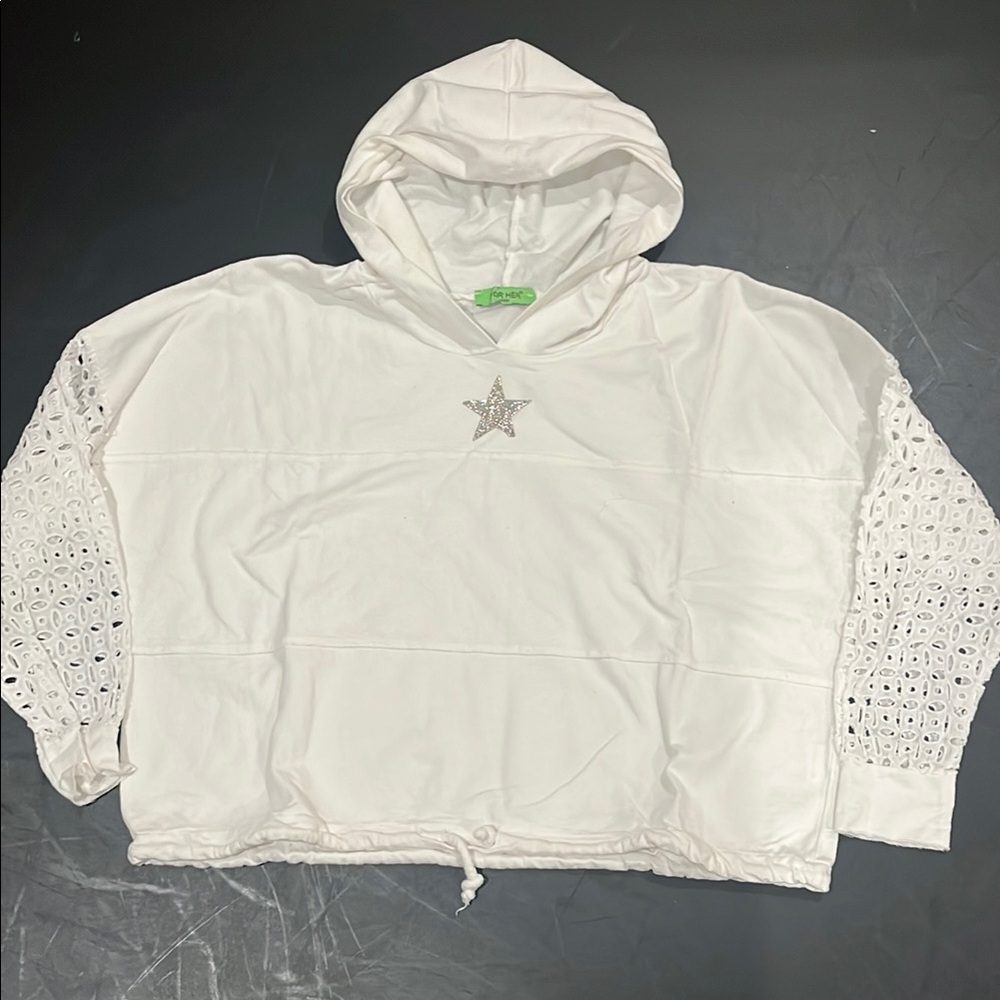 FOR HER- White Hooded Crop Top with Rhinestone Star Detail.